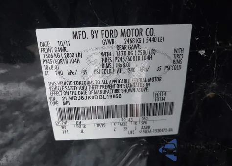 2013 Lincoln Mkx из США, поврежденный, VIN 2LMDJ6JK0DBL19856